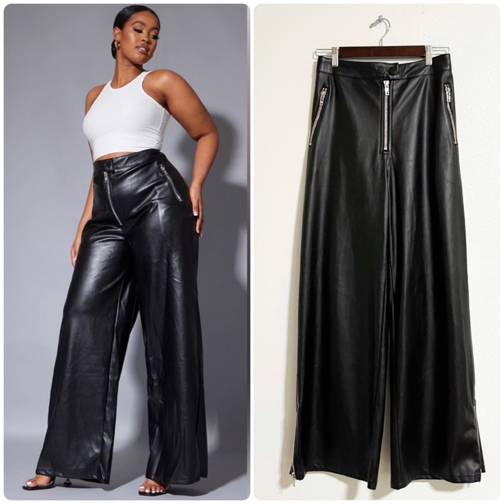 Pretty Little Thing High Rise Faux Leather Wide Leg Zipper Trousers - Picture 1 of 11